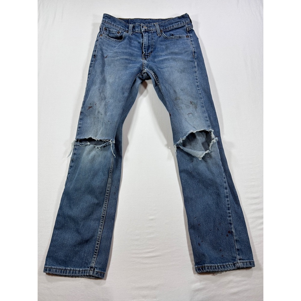 Levis 514 Straight Fit Distressed Blue Jeans 29x30 Splatter Paint Blown Out Knee